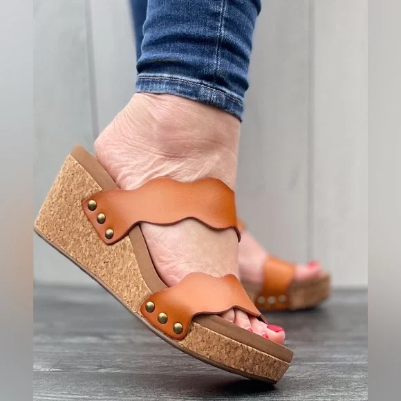 Corkys Footwear Obviously cognac brown Scalloped Double Strap Wedges - Picture 6 of 7